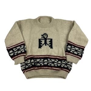 Vintage Cowichan Tribal Native American Hand Knit Cream Wool Sweater Size Medium